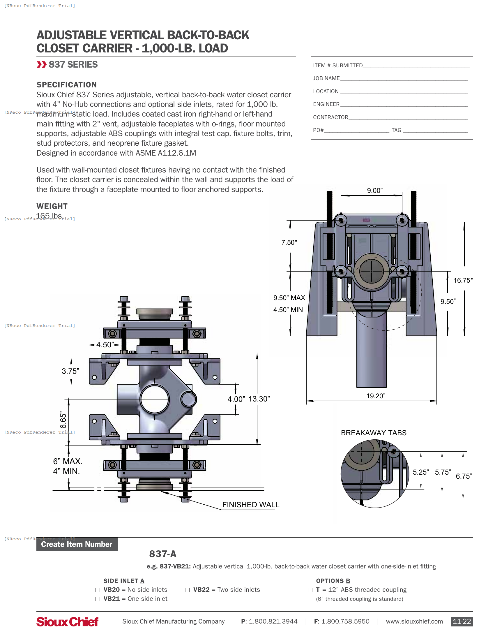 837-VB2 SERIES - CLOSET CARRIER - SPEC SHEET.PDF Specification Document